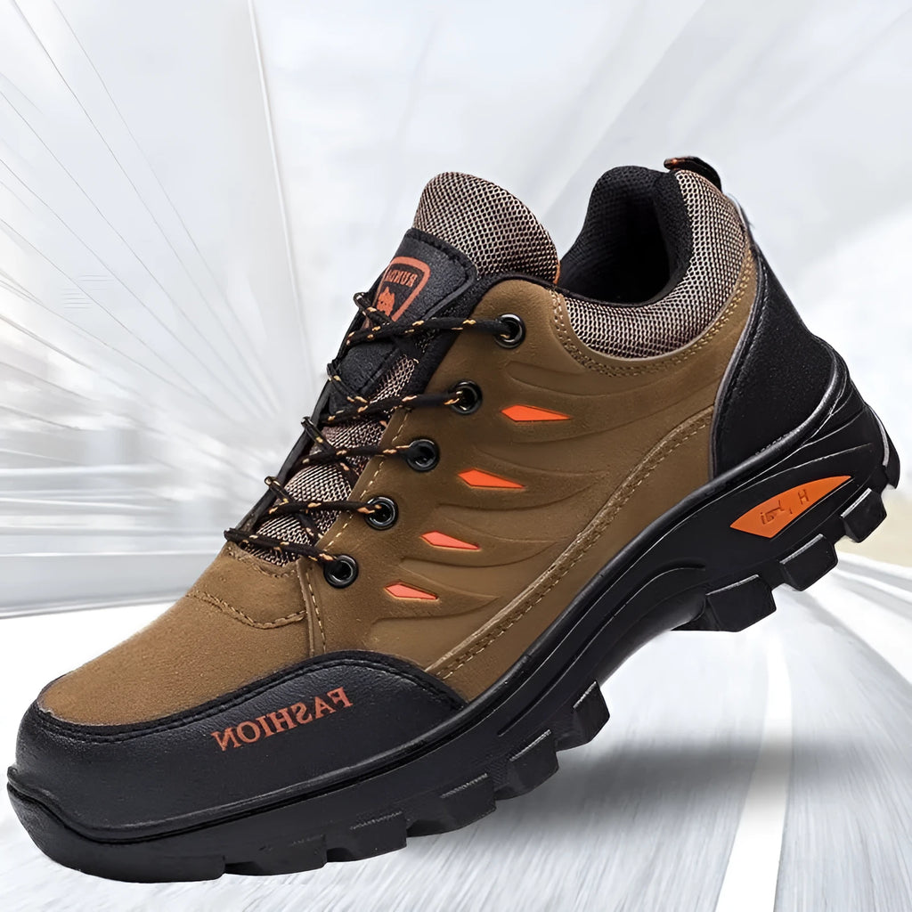 Men's brown suede hiking shoes with round toe and lace-up front