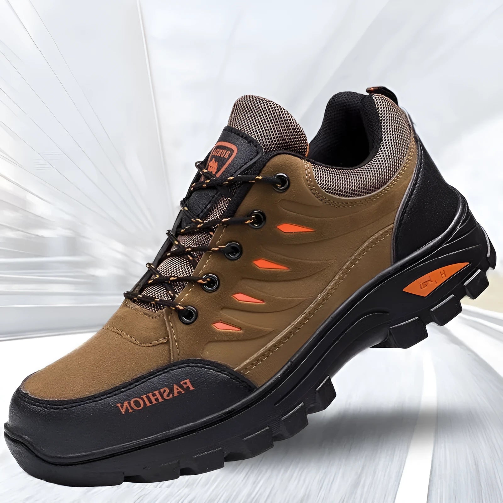 Men's brown suede hiking shoes with round toe and lace-up front