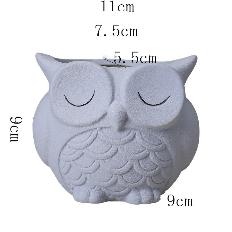 Handmade ceramic succulent flower pot cartoon owl design frosted white 11x9x9cm