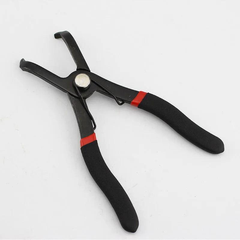 Red round nail removal pliers with adjustable steel jaws and black PVC handles.