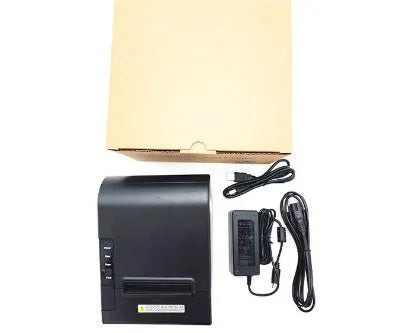 80mm thermal receipt printer with compact 215x205x160mm dimensions showing connectivity ports
