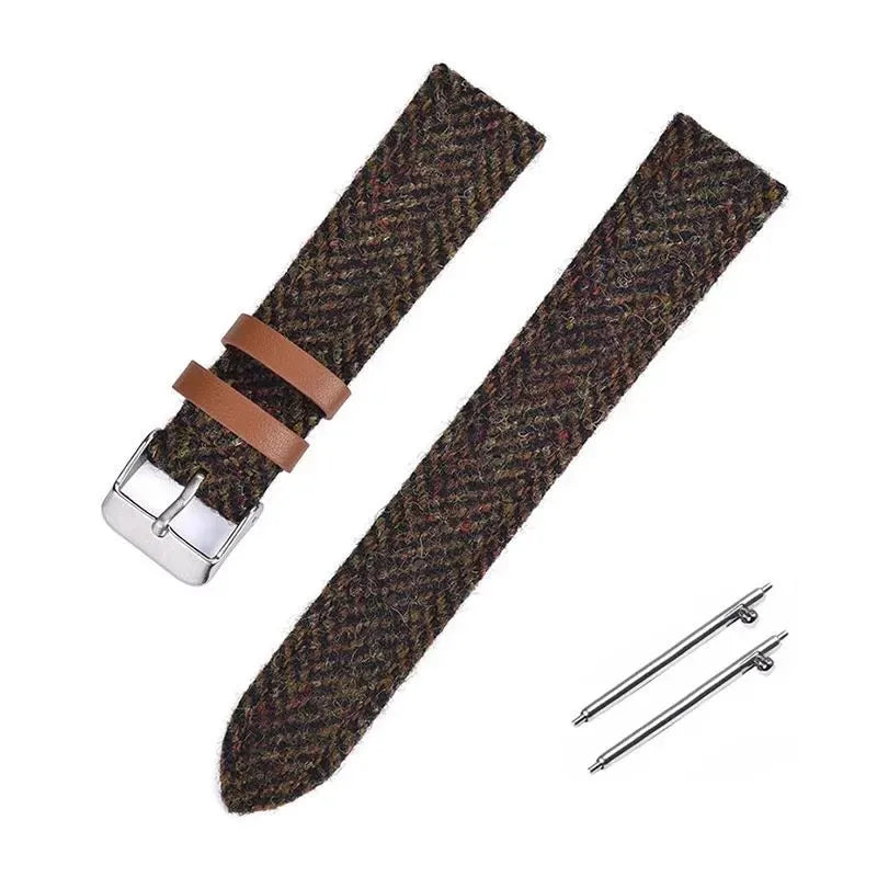 Harris woolen fabric watch strap in khaki with leather lining and stainless steel buckle, 20mm width