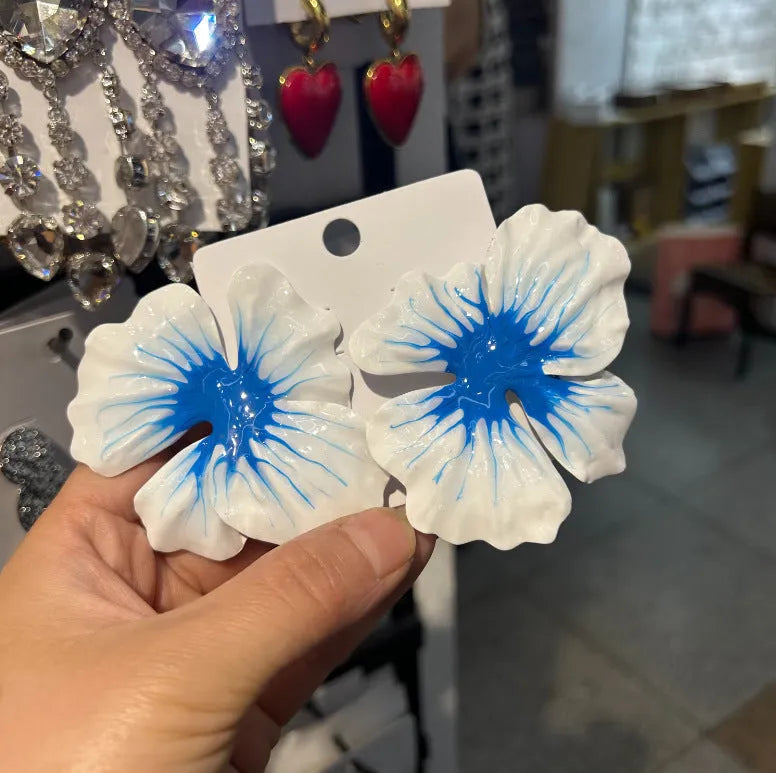 Pastoral style alloy flower stud earrings with oil-spot glaze finish in floral designs