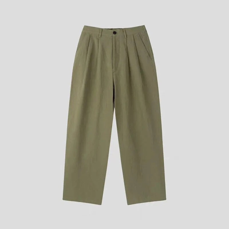 Men's light-weight apricot wide-leg cotton linen trousers with a non-iron finish on a hanger.