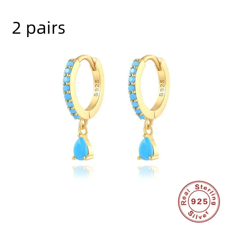 S925 sterling silver geometric water drop earrings with electroplated finish and stone accents