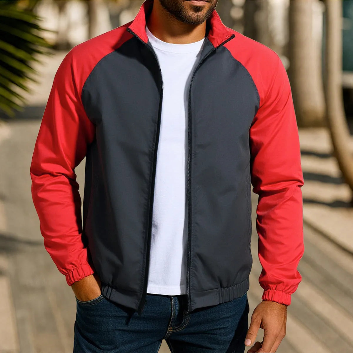 Men's loose fit casual jacket with a stand collar and raglan sleeves in a contrast colour.