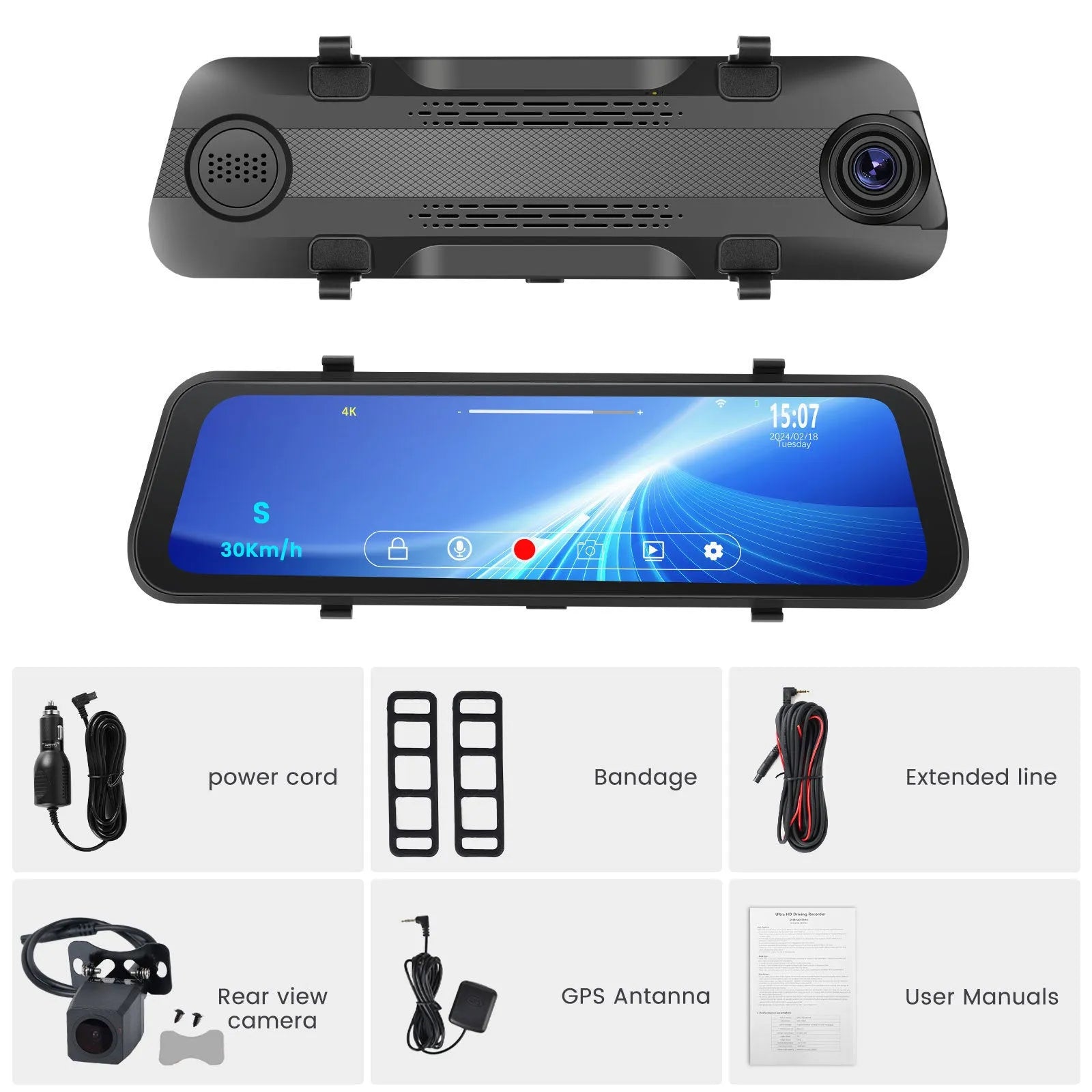 9.66-inch streaming media rearview mirror dash cam with touch screen and dual camera recording system
