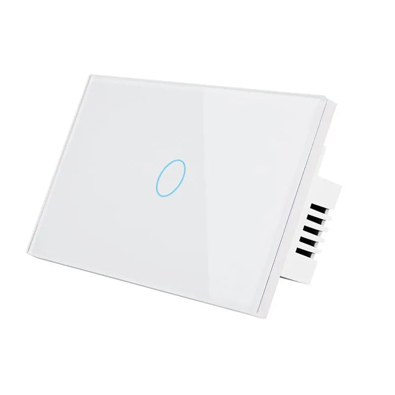2-gang tempered glass touch light switch in black, showing red and blue LED indicators on a rectangular panel