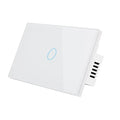 2-gang tempered glass touch light switch in black, showing red and blue LED indicators on a rectangular panel