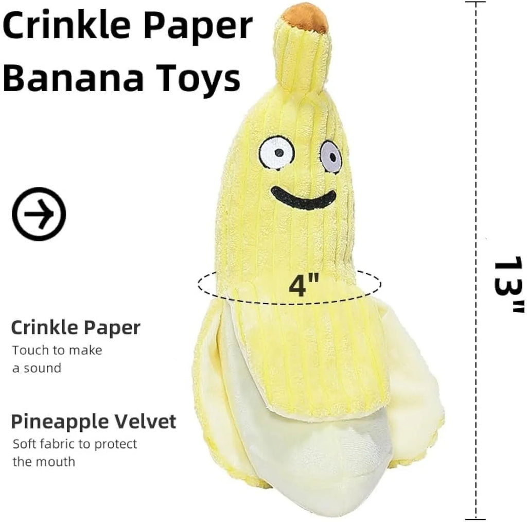 Yellow banana-shaped cat crinkle toy measuring 13 inches long with plush fabric