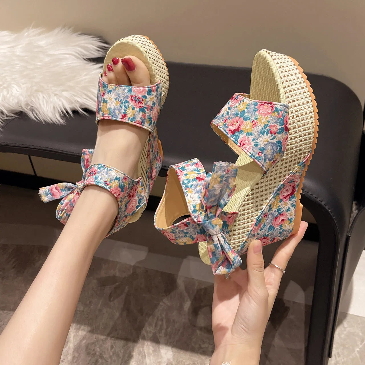 Women's floral wedge sandals with peep toe and ankle strap buckle in available colour options