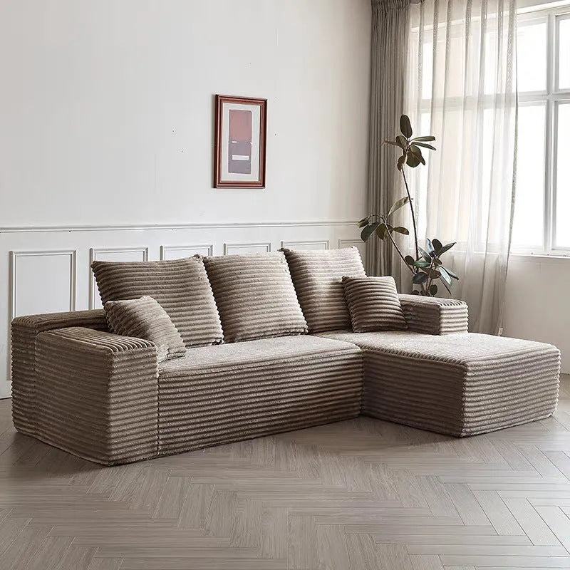 Modern minimalist flannel sofa in beige with clean lines suitable for living room or office setting