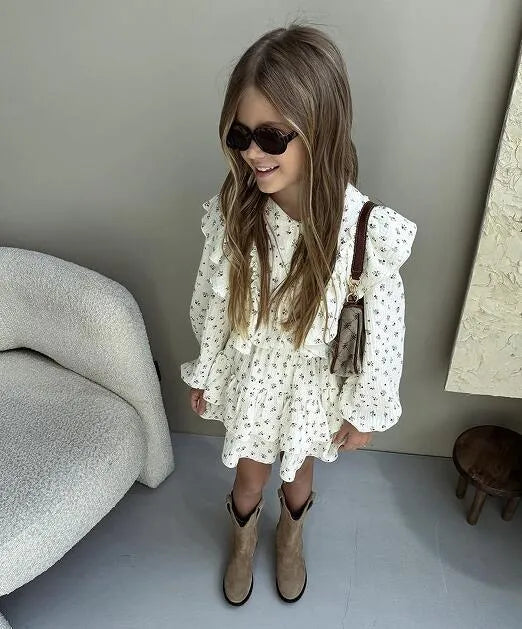 Girls autumn floral lace shirt tiered skirt two-piece cotton set with shorts pullover style