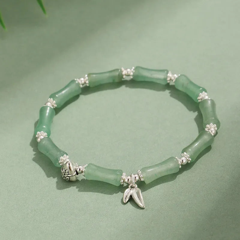 Green aventurine bamboo pattern bracelet with electroplated components and adjustable closure