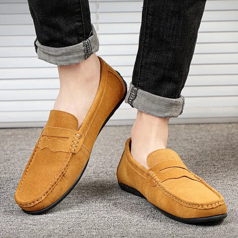 Men's suede slip-on loafers in multiple colours with round toe and rubber sole