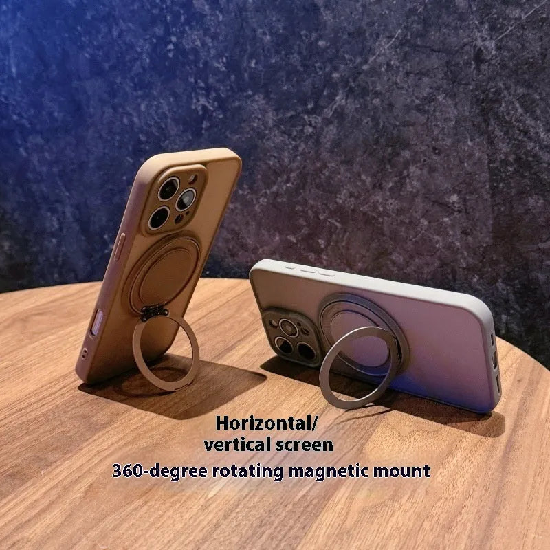 Frosted transparent magnetic phone case with a built-in stand for iPhone, shown in plum colour.
