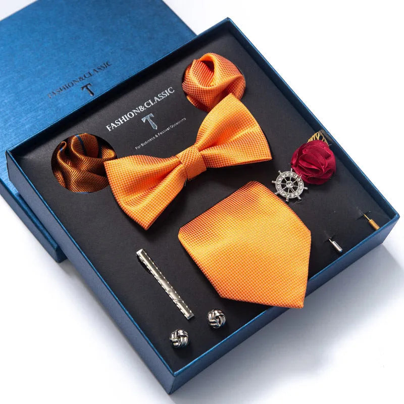Men's 8-piece rayon jacquard bow tie set, heart shape arrow style, monochrome pattern, 146cm length