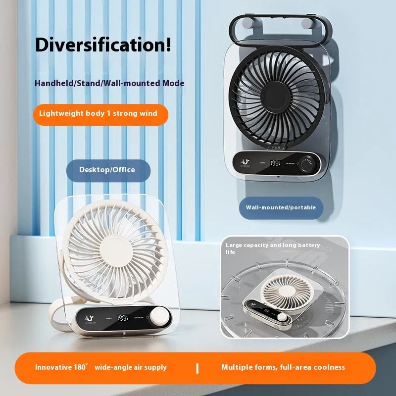 Ultra-thin desktop digital display fan with night lamp in Ling transparent white, plastic blade, USB charging, 3000mAh battery