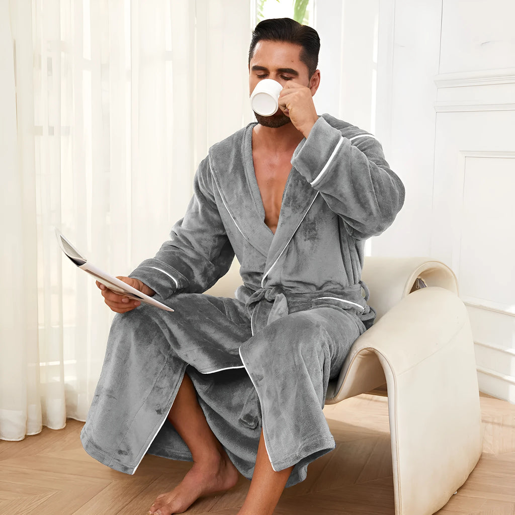 Men's grey flannel bathrobe set with European styling for winter loungewear