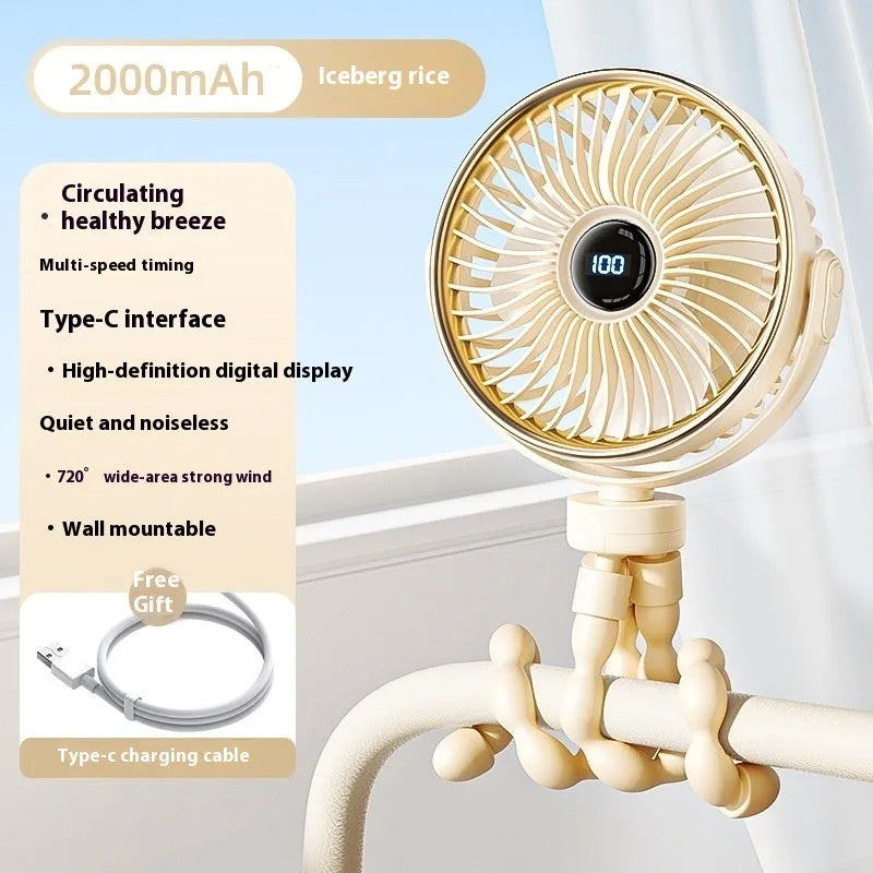 Clip-on portable stroller fan with USB cable, shown in beige colour with three plastic blades.