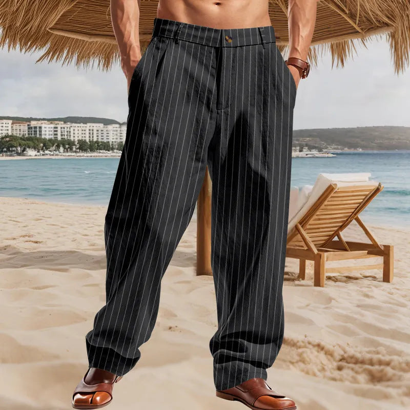 Man wearing striped linen high-waist wide-leg casual trousers