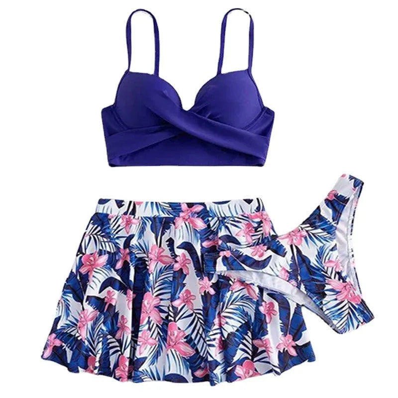 Women's high waist three-piece split bikini swimsuit set in polyester on a mannequin.