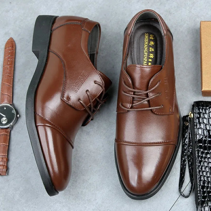 Men's plus size black PU leather formal lace up shoes with rubber sole and horse buckle detail