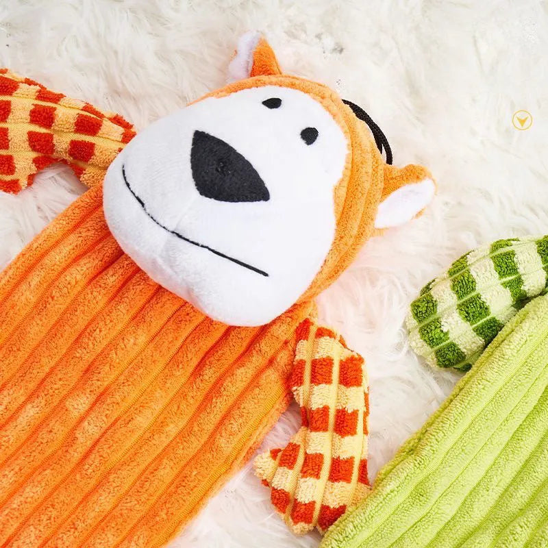 Green and orange plush squeaker dog toy for aggressive chewers with double-layer cotton shell