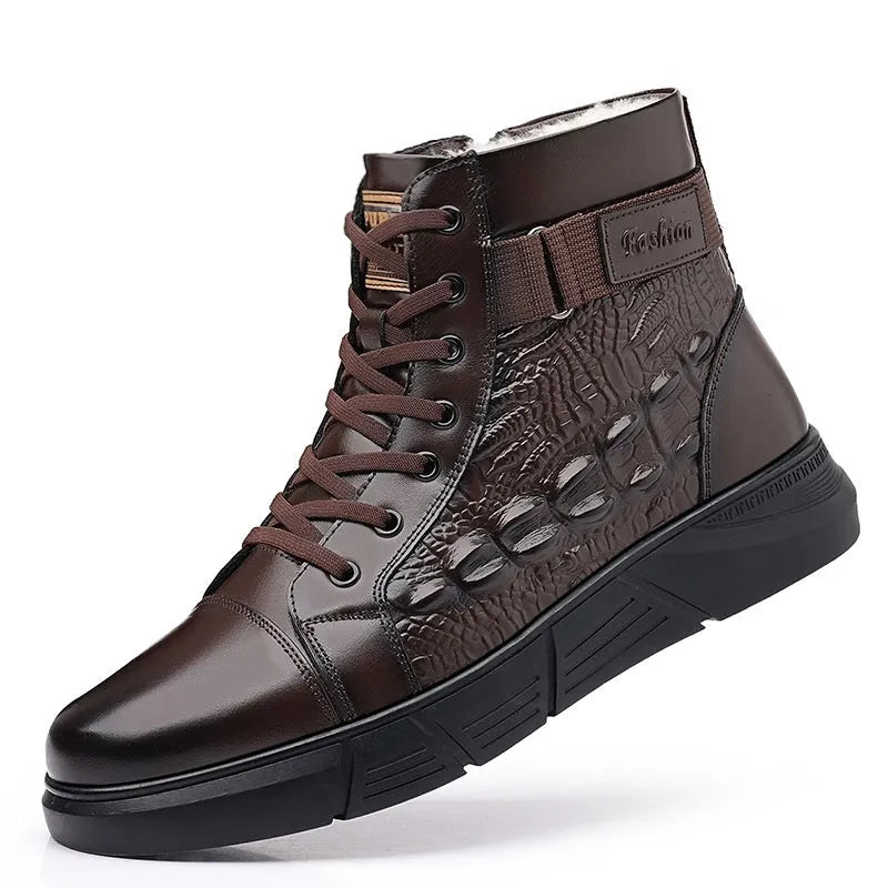 Black genuine leather winter boots with fur lining, round toe, lace-up front, and a rubber sole.