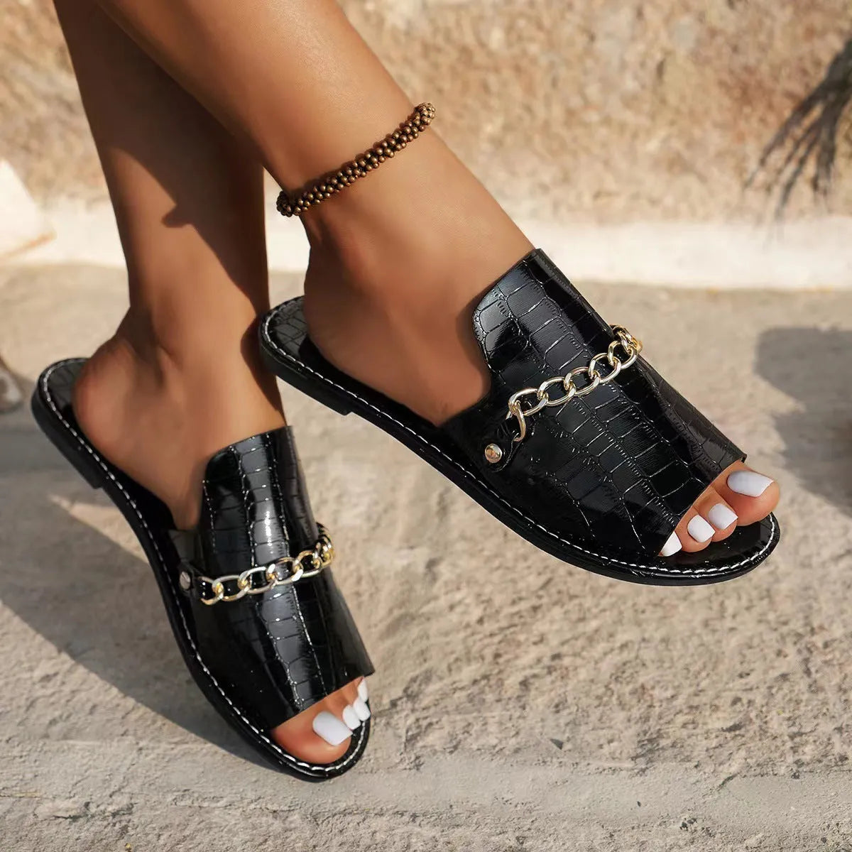 Pattern chains sandals women flat fish mouth slides summer casual beach slippers with artificial PU upper rubber sole