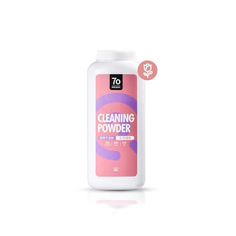 Dog pet dry cleaning powder 260g in packaging showing rose, Seville orange, and menthol flavours