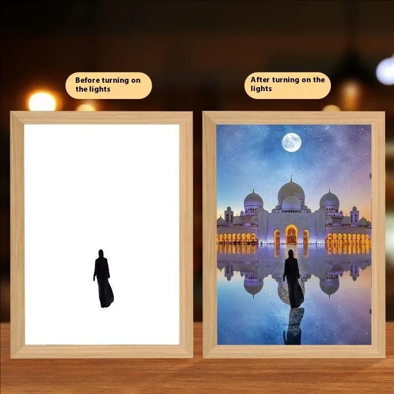 Handmade rectangular LED light painting photo frame showing a spiritual cross design, with USB cable.