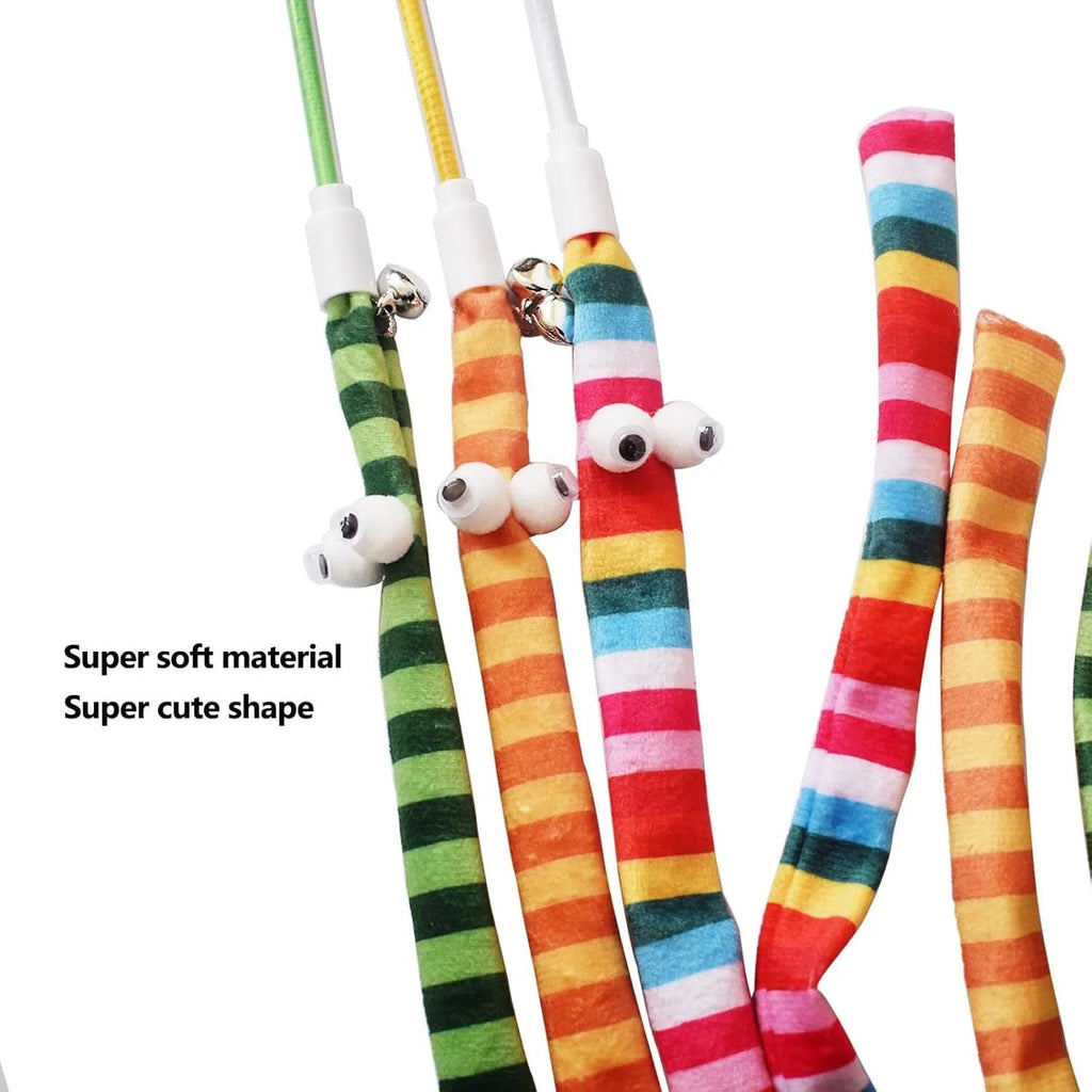 Cat teaser wand toy with long plush strip and bell on a polycarbonate pole.