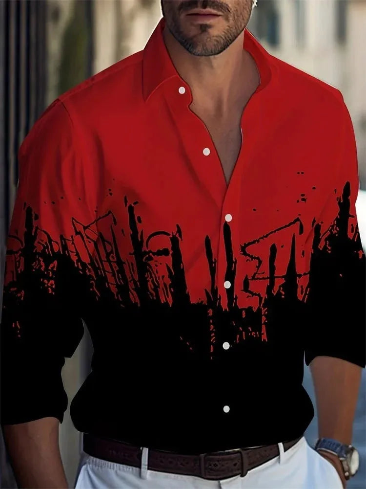 Man wearing a loose-fitting floral print Hawaiian shirt with long sleeves.