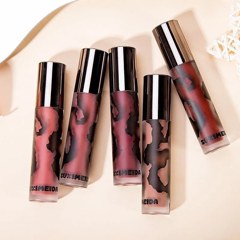 Lava Secret Matte Lip Mud Lipstick in five colour shades: orange brown coffee, cool grey, cinnamon coffee, jujube red, smoked purple.