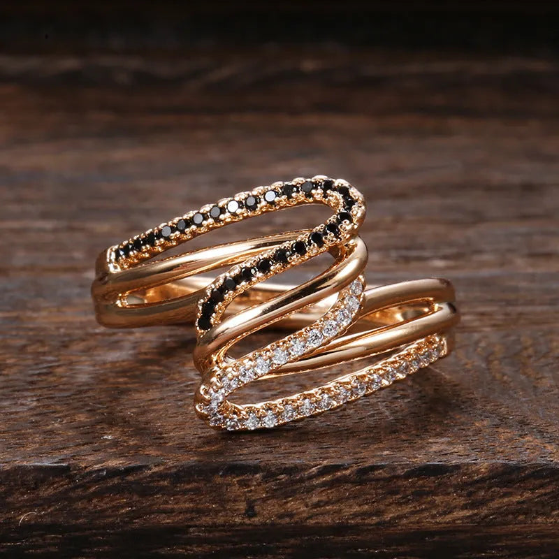 Close-up of a women's copper ring with micro-inlaid sparkling zircon stones in WK2230 colour.