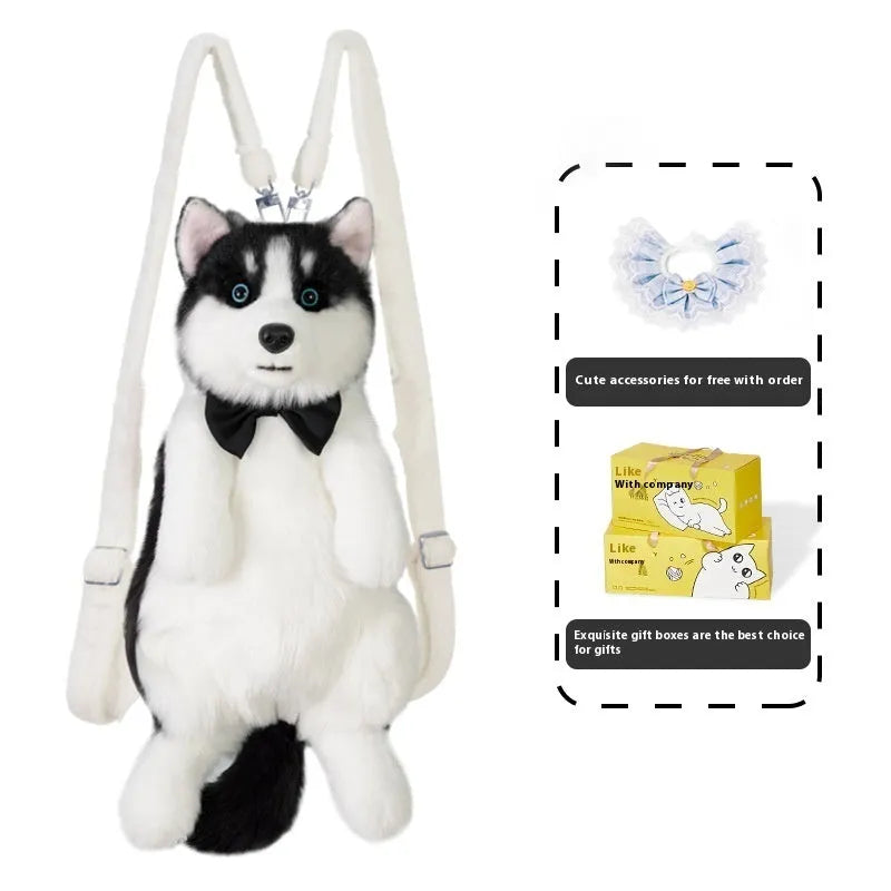 Husky plush simulation bag toy with a scarf in a colour gift box