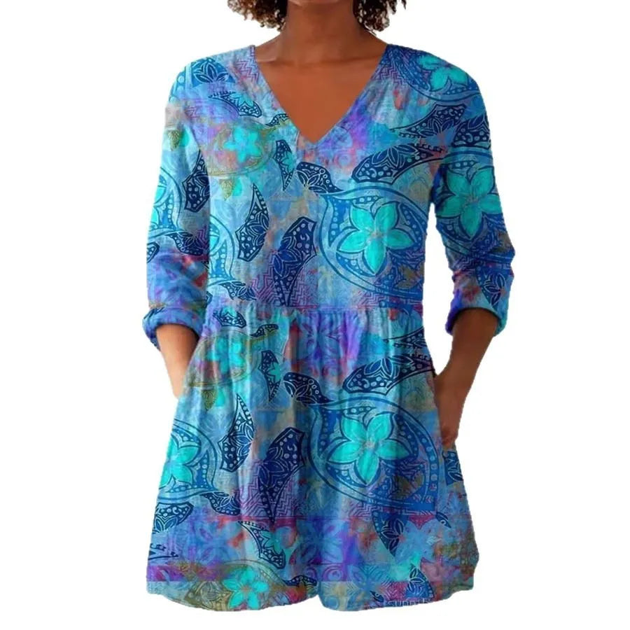 Women's retro slim fit printed long-sleeved top in a colour style variant.