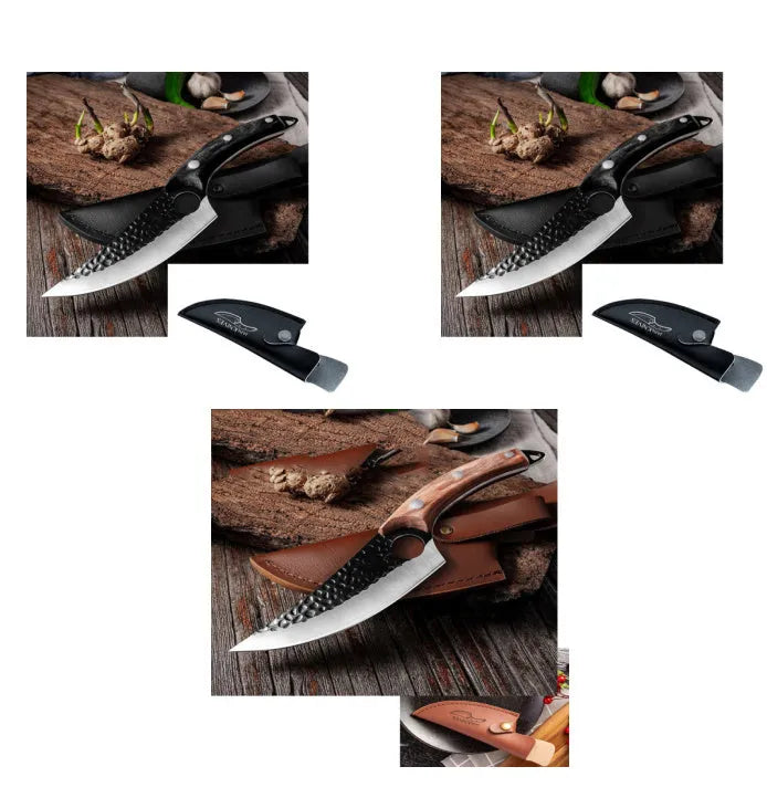 Curved boning butcher knife with hammer-pattern blade and brown leather sheath on a cutting board.
