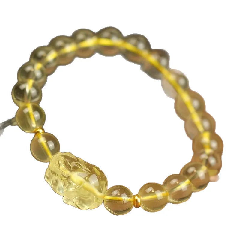 Yellow leather Chinese Pi Xiu bracelet with artificial crystal beads