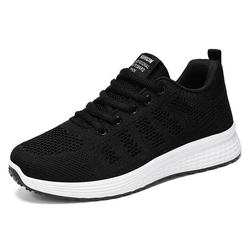 Women's Flyknit running shoes in black, rose red, or gray pink with a soft sole and flat heel.