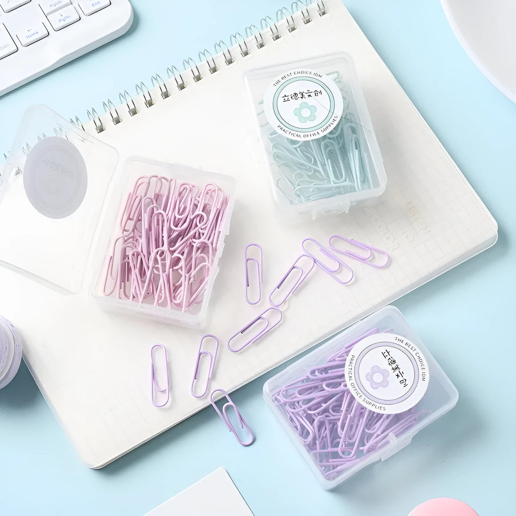 Macaron colour alloy paper clips in pink, purple, and green – 50mm and 28mm sizes in box