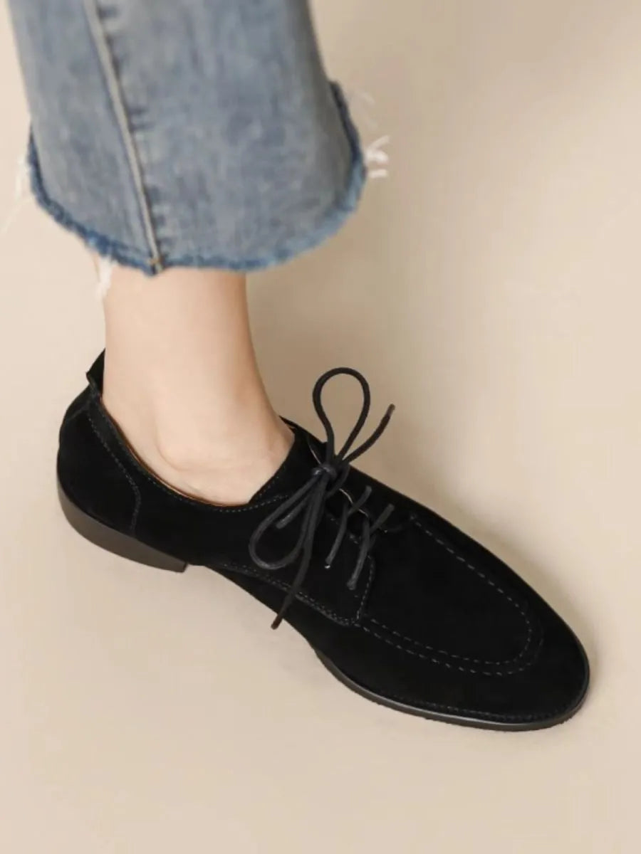 Women's retro suede lace-up deep mouth pumps with square toe and mid heel in black