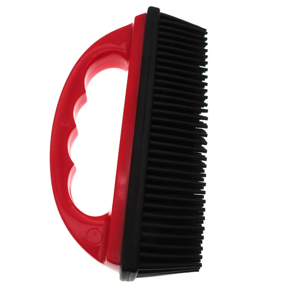 Red handheld pet hair removal brush measuring 160mm by 85mm for dog cat grooming and carpet cleaning