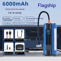 TS01 portable electric car tyre inflator with digital display, LED light, and hose on a grey background.