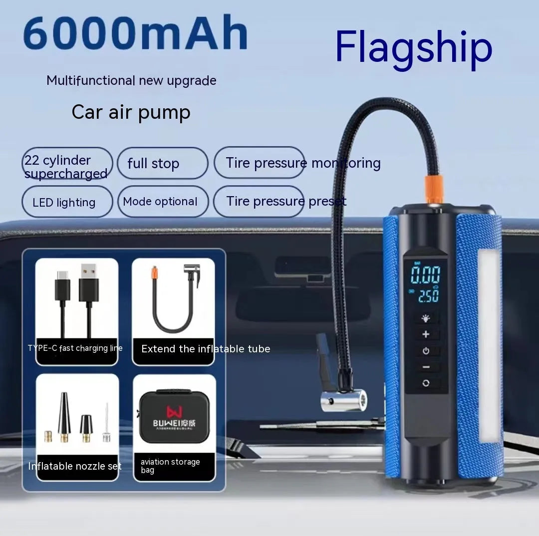 TS01 portable electric car tyre inflator with digital display, LED light, and hose on a grey background.