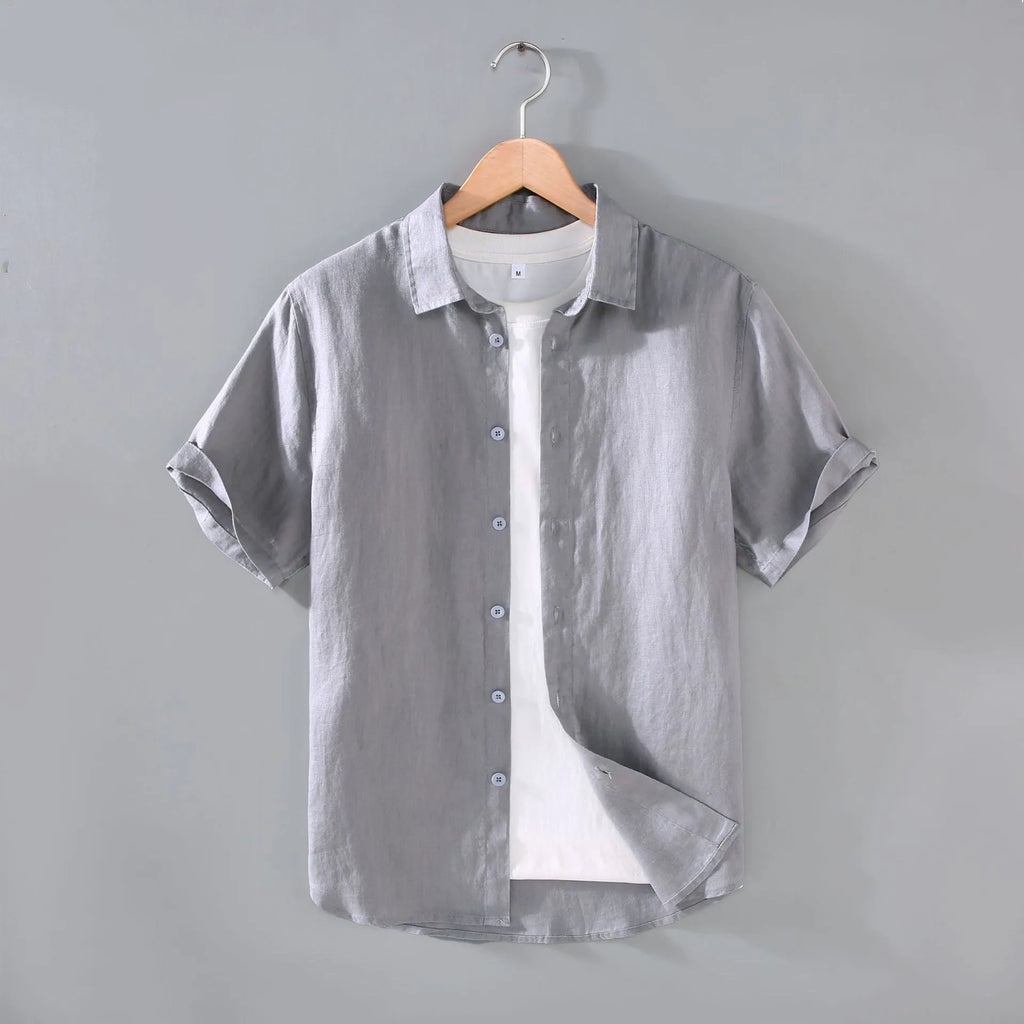 Men's casual short-sleeved linen shirt in cardigan style showing colour options including apricot, dark red and sky blue