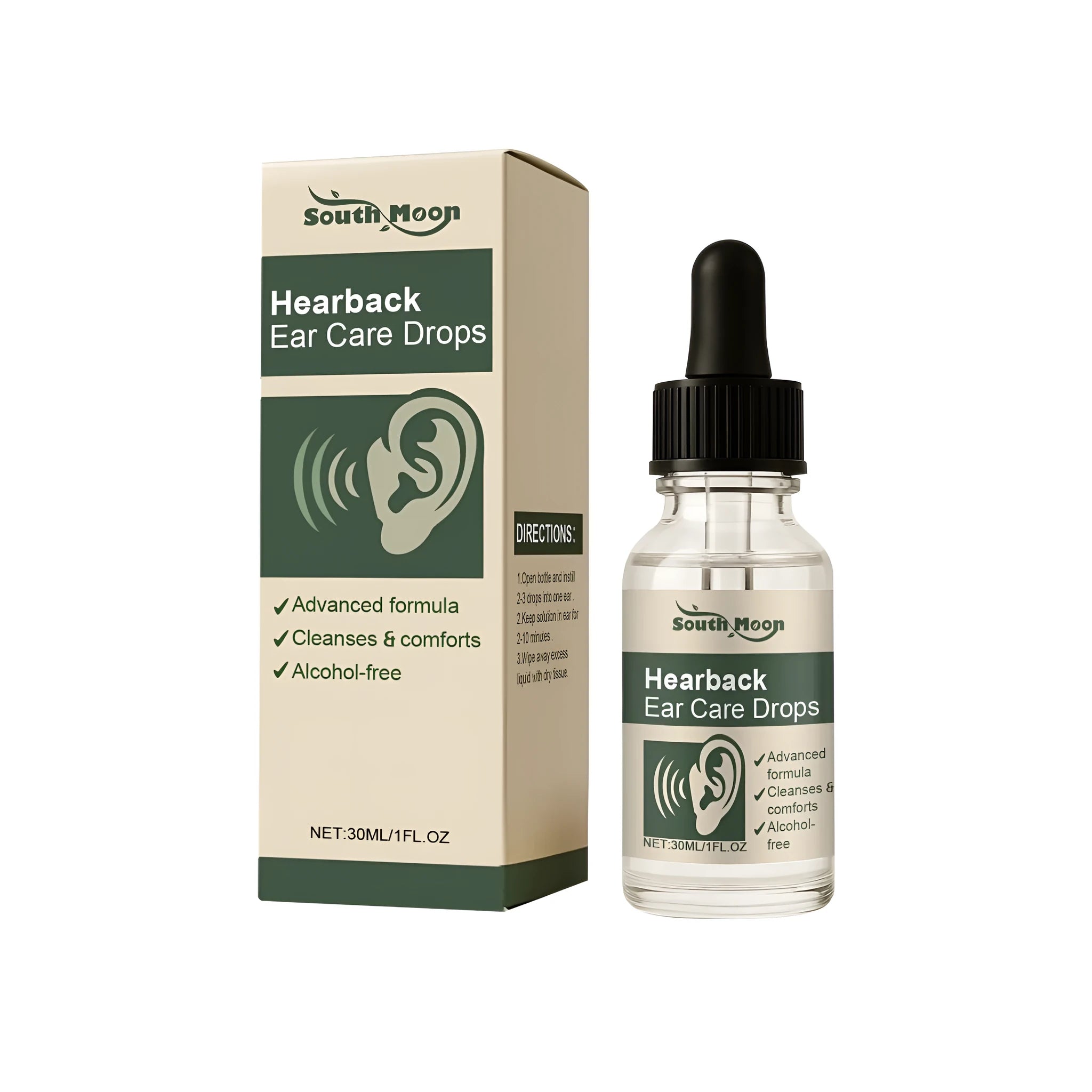 30ml bottle of herbal ear care drops with applicator tip for gentle cleansing.
