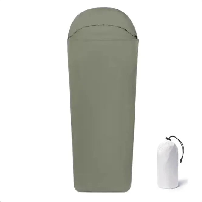 Blue mummy-style camping sleeping bag made from nylon fabric with compressed dimensions
