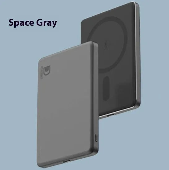 Ultra-thin aluminium alloy magnetic power bank in four colours showing 20W fast charging and wireless charging functions.